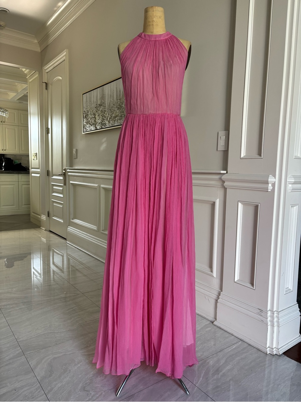 Oscar De La Renta Halter Pink Silk Chiffon Crinkle Dress